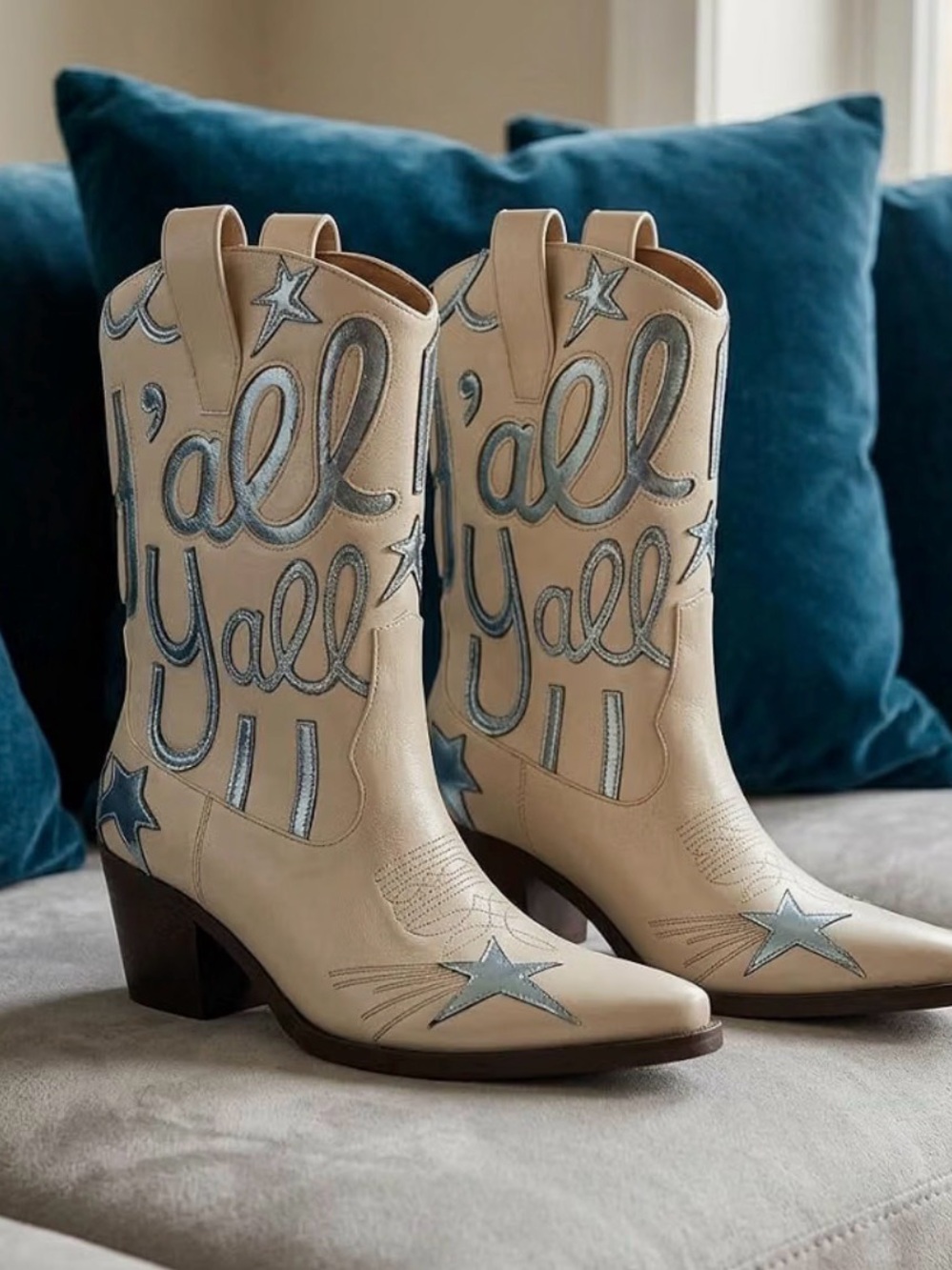 Embroidered Cream Western Heeled Boots with Metallic Silver Details